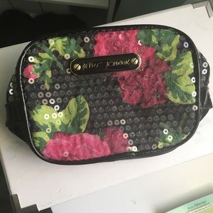 Betsey Johnson Black Sequined Pink Roses Clutch